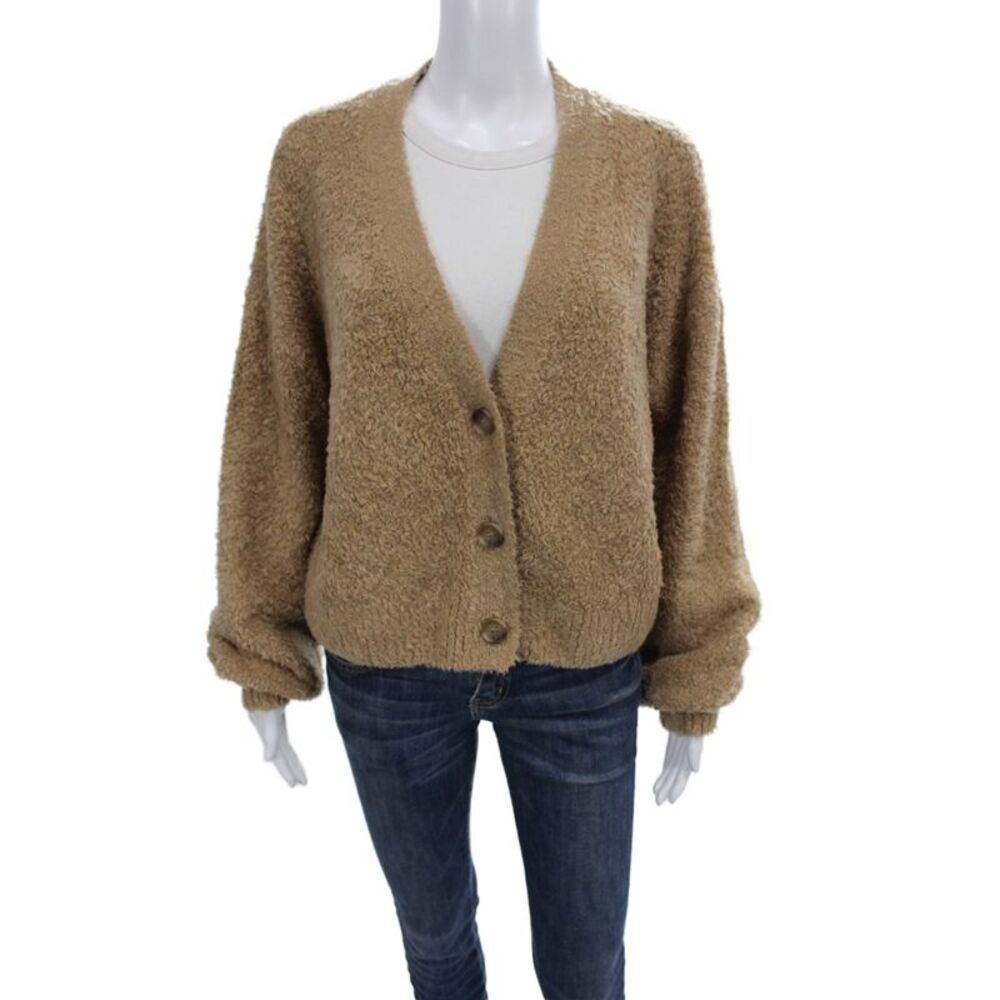 Le Ore Unisex Cardigan Tan V-Neck Button Long Sleeve Wool Blend Size M